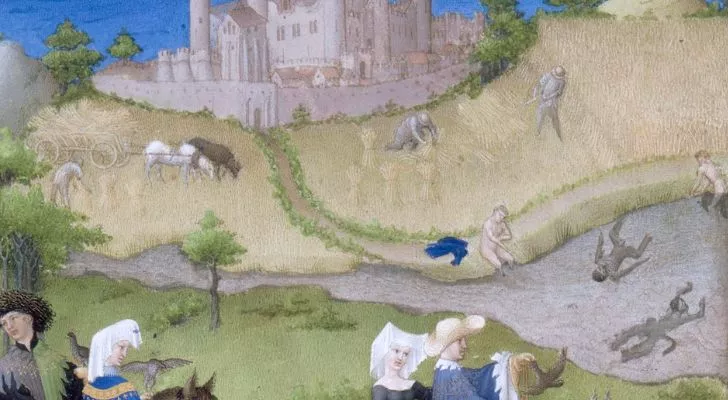 Medieval people swimming and bathing in a river. Medieval people didn’t bathe often.